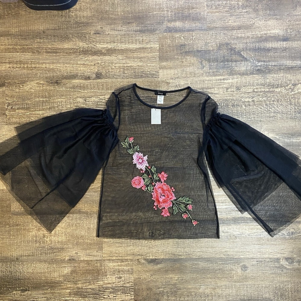 Dice Black Sheer Mesh Tulle Floral Whimsigoth‎ Romantic Top M Fairy Grunge Y2K